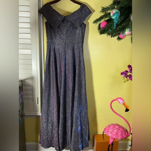 Xscape Off The Shoulder Long Glitter Dress Iridescent - Picture 15 of 16